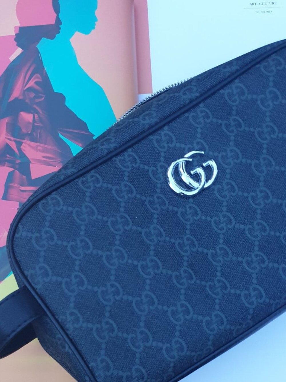 Gucci Monogram Gray Silver Cosmetic Pouch Bag Unisex Casual everyday Travel Bag